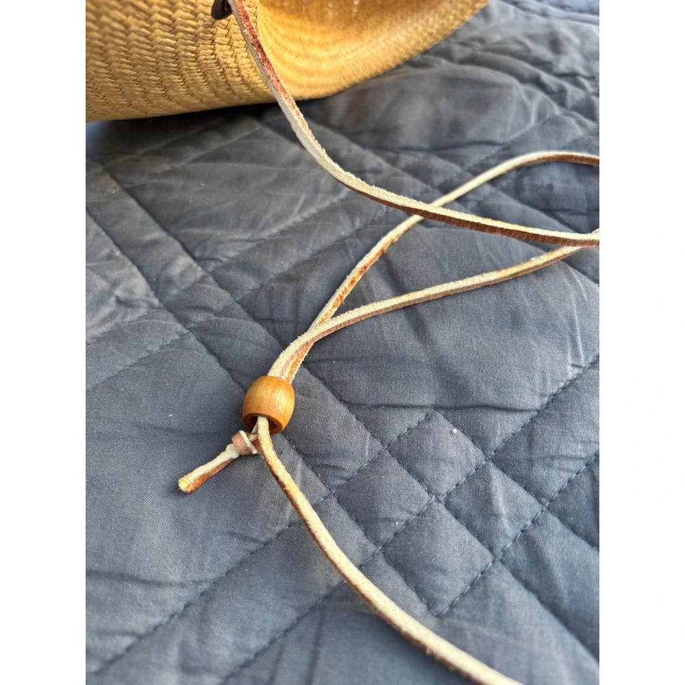 Open Crown Cowboy Hat Vintage SF Green Straw Natural Tan Woven Lightweight